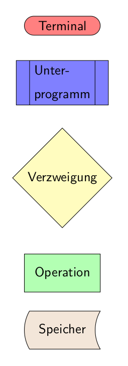 Die fünf Basis Elemente eines Flowcharts mit verschiedenen Optionen.