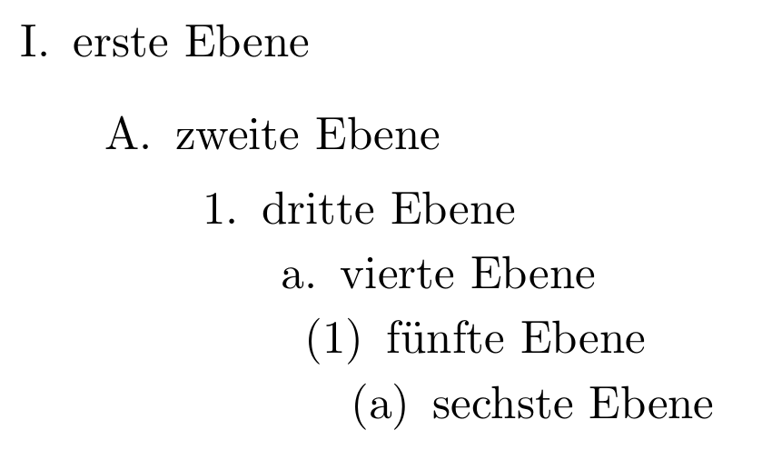 Aufzählung über 6 Ebenen mit outline Umgebung in LaTeX