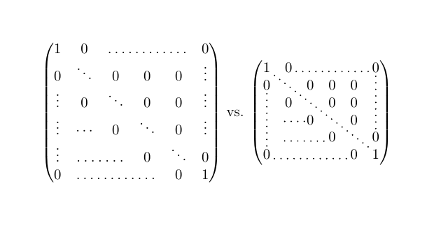 Zwei Matrizen. Vergleich von Standard Matrix mit nicematrix Matrix